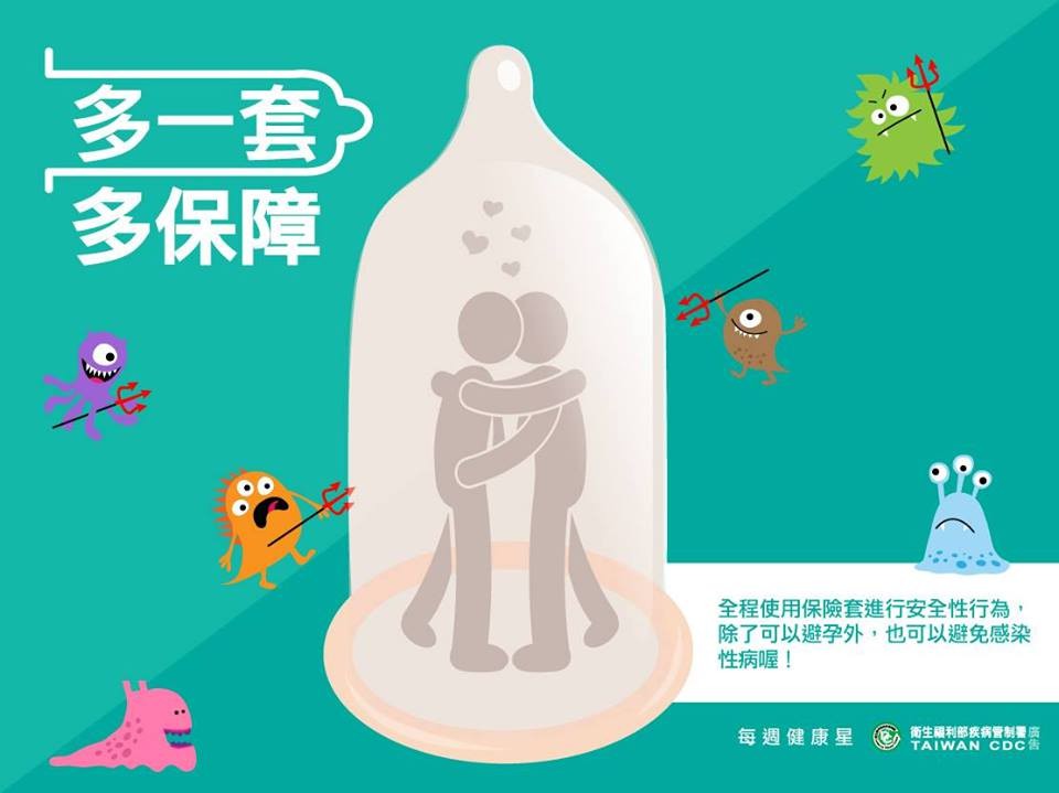 多一套多保障,全程使用保險套進行安全性行為。(疾管署提供) 多一套多保障:全程使用保險套進行安全性行為,除了可以避孕外,也可以避免感染性病喔!