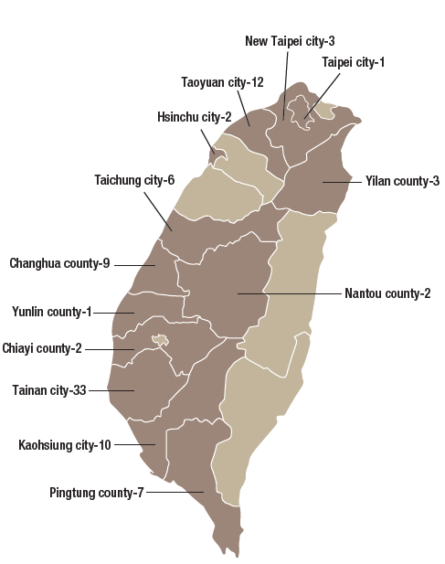 Distribution map of GMP TCM pharmaceutical factories in Taiwan
