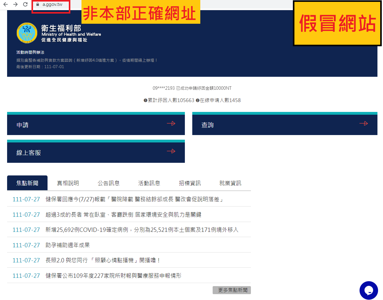 衛生福利部「線上申請」假冒網站，「a.ggov.tw」非本部正確網址。